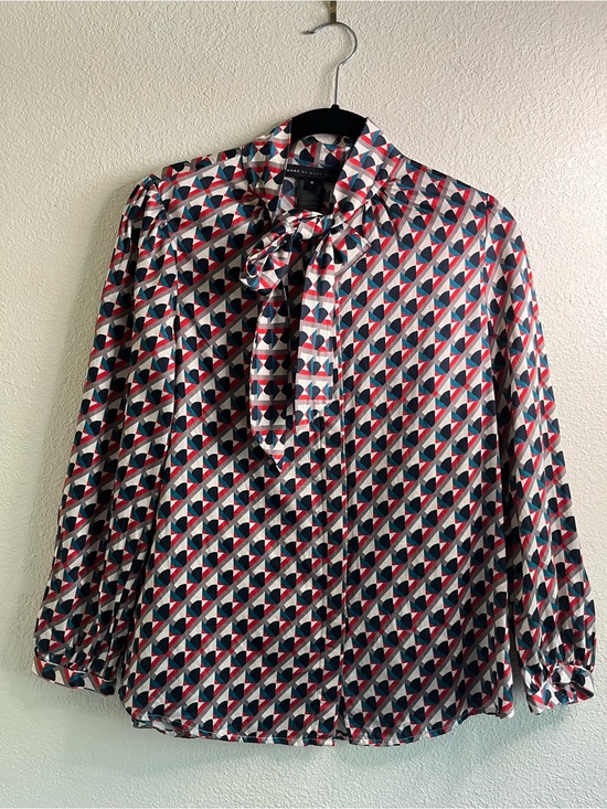 Marc By Marc Jacobs Tops - Marc Jacobs Geometric Print Tie-Neck Silk Cotton Shirt - Red/Blue/Grey